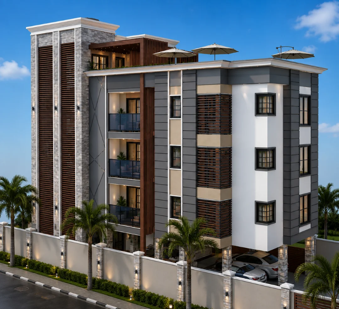 Kololo apartment building front elevation architectural render - Aura Build Ltd