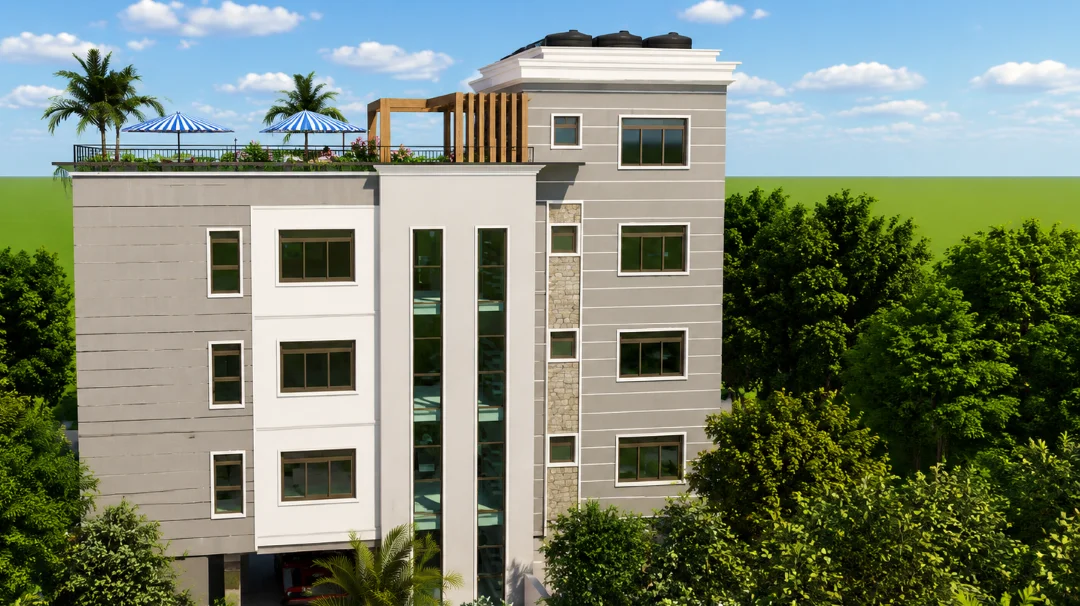 Kololo apartment building rear elevation architectural render - Aura Build Ltd