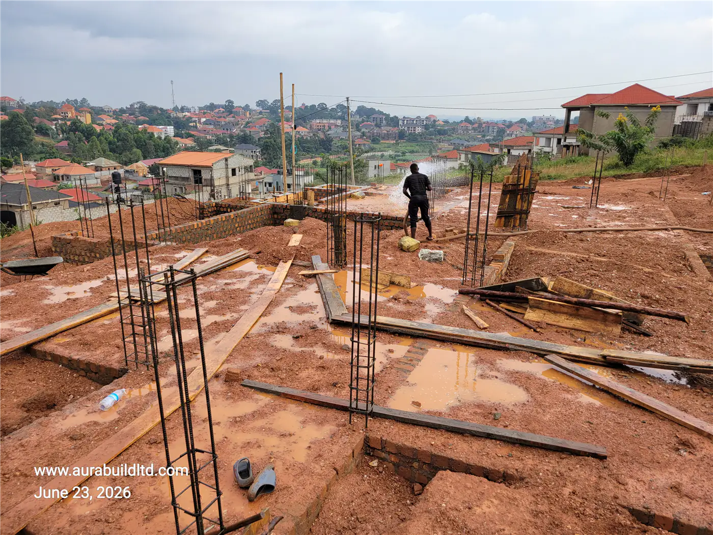 Foundation steel reinforcement layout and starter columns placement at Nsasa-Kira