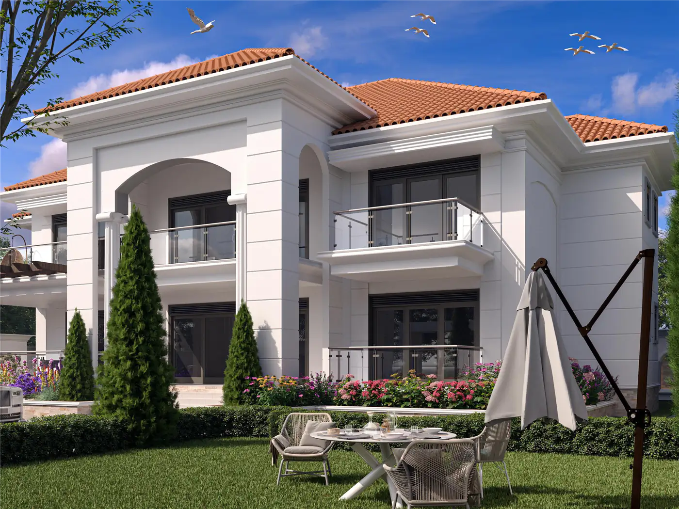 Architectural design reference: Front perspective visualization of the Nsasa-Kira residence by Pent House Engineering Consults